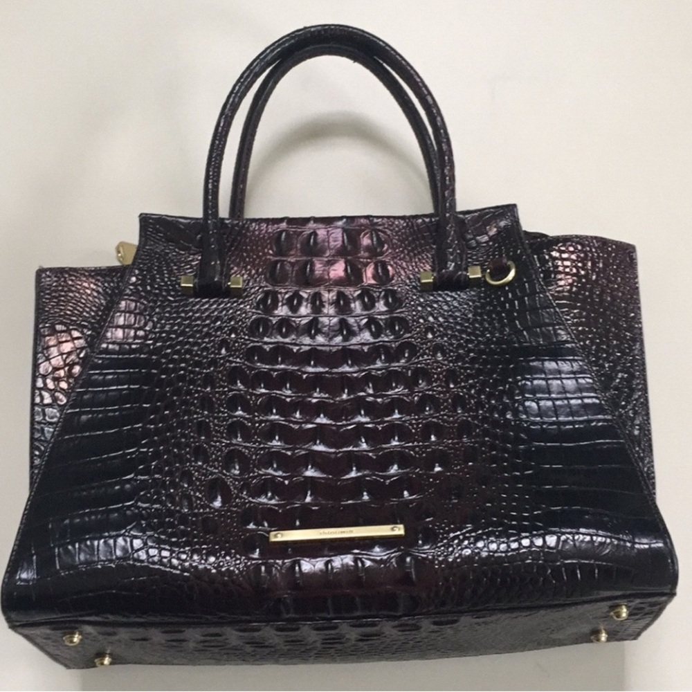 Brahmin Dark Brown with Purple Iridescent Croc Embossed Genuine Leather Bag